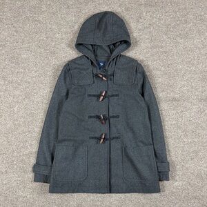 Gap Grey Hooded Duffle Coat Womens L Toggle Closure Preppy Wool Blend Jacket Y2K